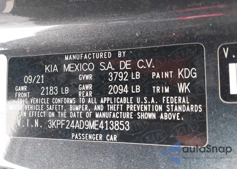 2021 Kia Forte Lxs z USA, uszkodzony, nr VIN 3KPF24AD9ME413853